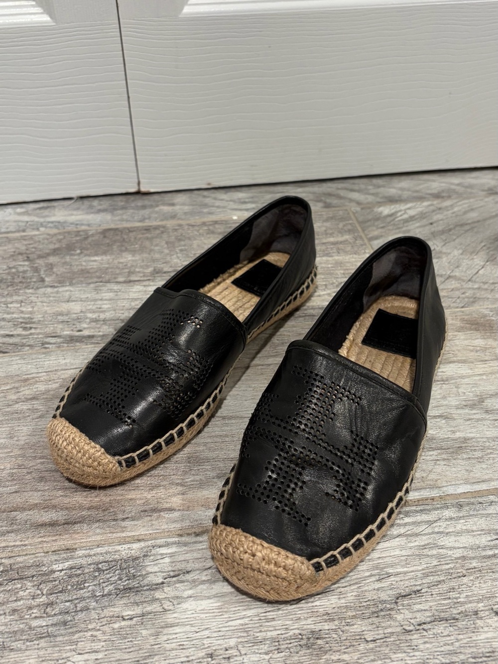 Tory Burch Black Leather Espadrille Slip-Ons with Braided Jute Toe